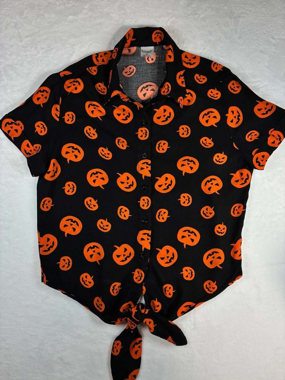 Spirit Pumpkin Halloween Button Up Tie Front Shirt Size S Black Orange